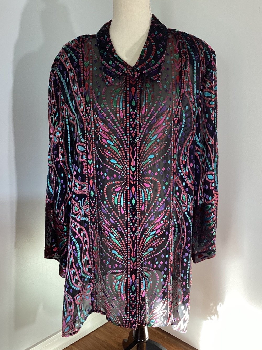 VTG BOB MACKIE WEARABLE ART 3X SILK BLOUSE TUNIC SHEER SPECIAL OCCASION HOLIDAYS